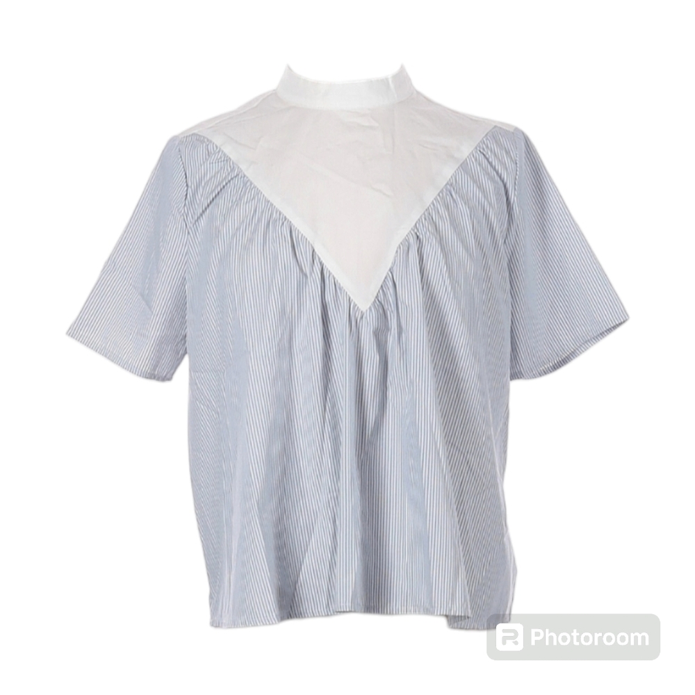 After Market High Collar Cotton Blue White Striped Blouse S